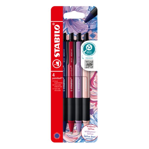 Produktbild: STABILO Druck-Kugelschreiber pointball NatureCOLORS Wildflower Edition 4er Set, burgunderrot, preu&szlig;ischblau, grauviolett, rouge