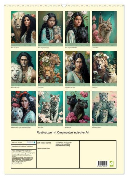 Produktbild: Raubkatzen mit Ornamenten indischer Art (Wandkalender 2026 DIN A2 hoch), CALVENDO Monatskalender