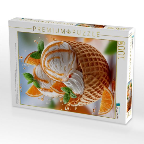 Produktbild: CALVENDO Puzzle Herrlich verpackt in einer Waffel - Vanilleeis mit Orangen und Orangensirup | 1000 Teile Lege-Gr&ouml;&szlig;e 64x48cm Foto-Puzzle f&uuml;r gl&uuml;ckliche