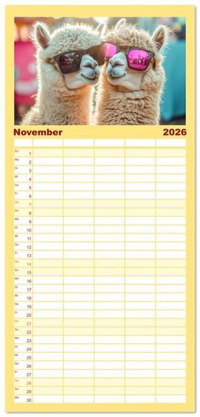 Produktbild: Familienplaner 2026 - Die Welt der Alpakas mit 5 Spalten (Wandkalender, 21 x 45 cm) CALVENDO
