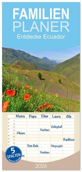 Produktbild: Familienplaner 2026 - Entdecke Ecuador mit 5 Spalten (Wandkalender, 21 x 45 cm) CALVENDO