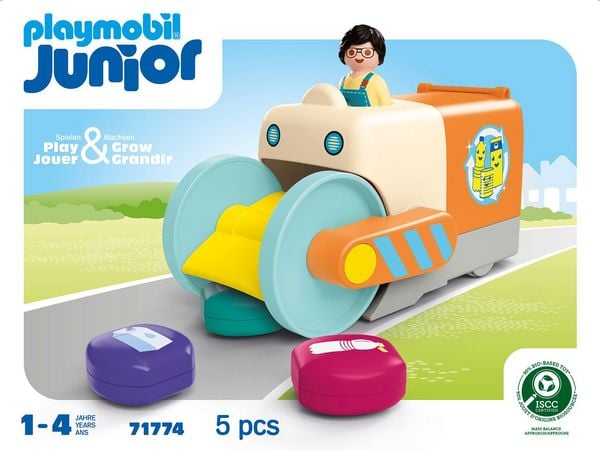 Produktbild: PLAYMOBIL 71774 JUNIOR: Spa&szlig;iges M&uuml;llsammelfahrzeug