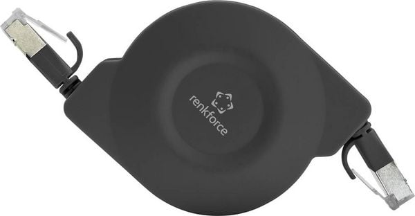 Produktbild: Renkforce RF-4476386 RJ45 Patchkabel CAT 6a U/FTP 1.50 m Schwarz Flache Ausf&uuml;hrung, inkl. Aufroller 1 St.