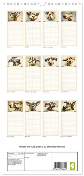 Produktbild: Familienplaner 2027 - Karikatur trifft Hund. Ein Blick auf charmante Vierbeiner mit 5 Spalten (Wandkalender, 21 x 45 cm) CALVENDO