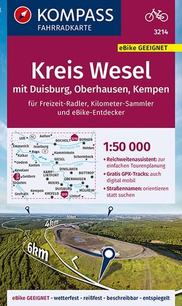 Produktbild: KOMPASS Fahrradkarte 3214 Kreis Wesel mit Duisburg, Oberhausen, Kempen mit Knotenpunkten 1:50.000
