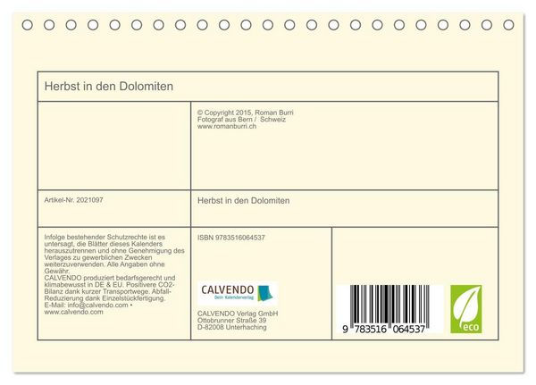 Produktbild: Herbst in den Dolomiten (Tischkalender 2026 DIN A5 quer), CALVENDO Monatskalender