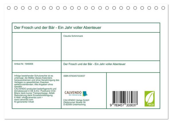 Produktbild: Der Frosch und der B&auml;r - Ein Jahr voller Abenteuer (Tischkalender 2026 DIN A5 quer), CALVENDO Monatskalender