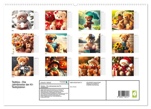 Produktbild: Teddys - Die Jahresreise der KI-Teddyb&auml;ren (hochwertiger Premium Wandkalender 2026 DIN A2 quer), Kunstdruck in Hochglanz