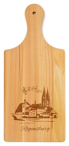Produktbild: Brotzeitbrett mit Griff aus Kirschbaumholz, Motiv Regensburg