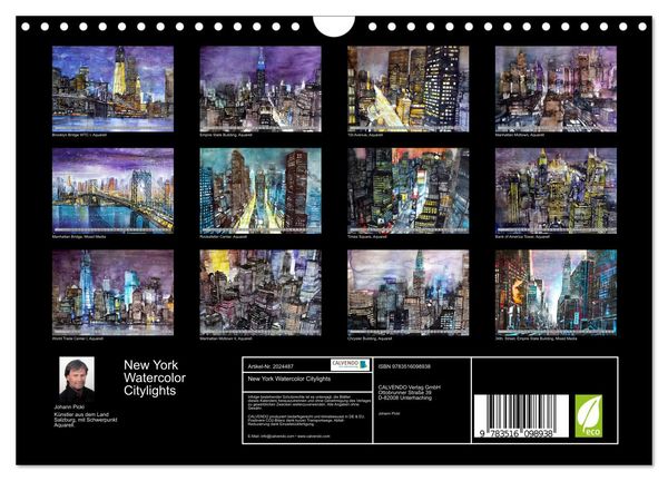 Produktbild: New York Watercolor Citylights (Wandkalender 2026 DIN A4 quer), CALVENDO Monatskalender