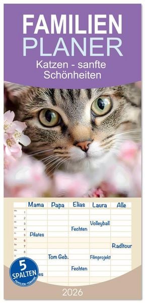Produktbild: Familienplaner 2026 - Katzen - sanfte Sch&ouml;nheiten mit 5 Spalten (Wandkalender, 21 x 45 cm) CALVENDO