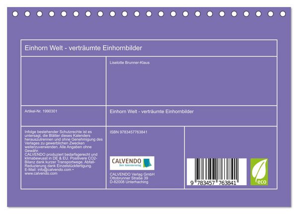 Produktbild: Einhorn Welt - vertr&auml;umte Einhornbilder (Tischkalender 2026 DIN A5 quer), CALVENDO Monatskalender
