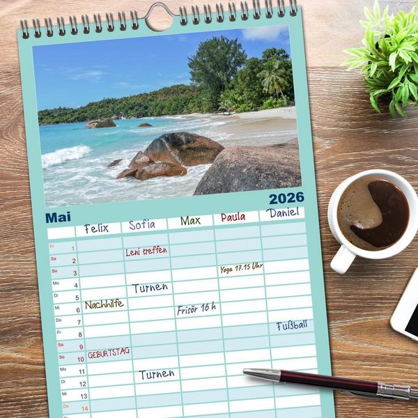 Produktbild: Familienplaner 2026 - Seychellen - unterwegs mit Julia Hahn mit 5 Spalten (Wandkalender, 21 x 45 cm) CALVENDO