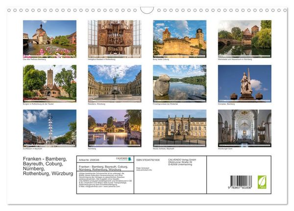 Produktbild: Franken - Bamberg, Bayreuth, Coburg, N&uuml;rnberg, Rothenburg, W&uuml;rzburg (Wandkalender 2026 DIN A3 quer), CALVENDO Monatskalender