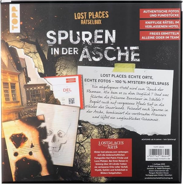 Produktbild: Lost Places R&auml;tselbox &ndash; Spuren in der Asche: Ein Krimi-R&auml;tsel f&uuml;r Zuhause. L&uuml;fte die R&auml;tsel des verlassenen Hotels