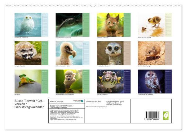 Produktbild: S&uuml;sse Tierwelt / CH-Version / Geburtstagskalender (hochwertiger Premium Wandkalender 2026 DIN A2 quer), Kunstdruck in Hochglanz
