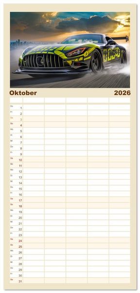 Produktbild: Familienplaner 2026 - Fantasievolle Rennautos - Im Rausch der Geschwindigkeit mit 5 Spalten (Wandkalender, 21 x 45 cm) CALVENDO