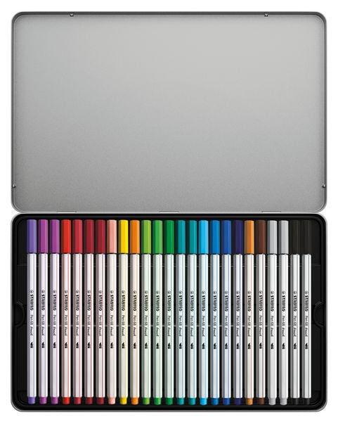 Produktbild: STABILO Premium-Filzstift mit Pinselspitze f&uuml;r variable Strichst&auml;rken -   Pen 68 brush - 25er Metalletui - mit 19 verschiedenen Farben