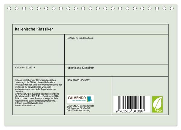 Produktbild: Italienische Klassiker (Tischkalender 2027 DIN A5 quer), CALVENDO Monatskalender