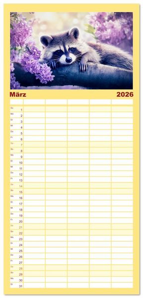 Produktbild: Familienplaner 2026 - Frech, flauschig, fantastisch - Der Waschb&auml;ren-Kalender mit 5 Spalten (Wandkalender, 21 x 45 cm) CALVENDO