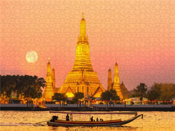 Produktbild: CALVENDO Puzzle Aufgehender Mond am Wat Arun in Bangkok | 1000 Teile Lege-Gr&ouml;&szlig;e 64x48cm Foto-Puzzle f&uuml;r gl&uuml;ckliche Stunden