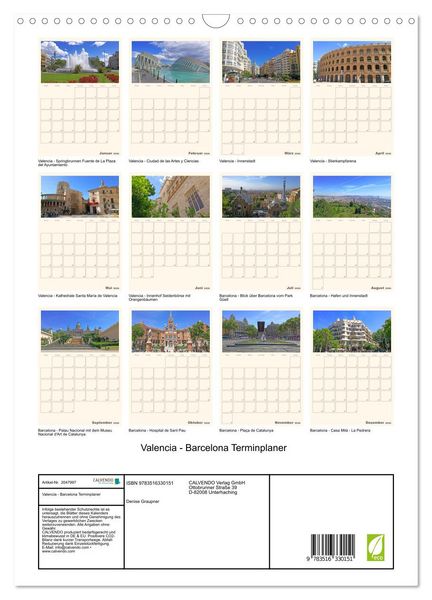 Produktbild: Valencia - Barcelona Terminplaner (Wandkalender 2026 DIN A3 hoch), CALVENDO Monatskalender