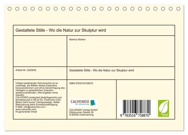 Produktbild: Gestaltete Stille - Wo die Natur zur Skulptur wird (Tischkalender 2027 DIN A5 quer), CALVENDO Monatskalender