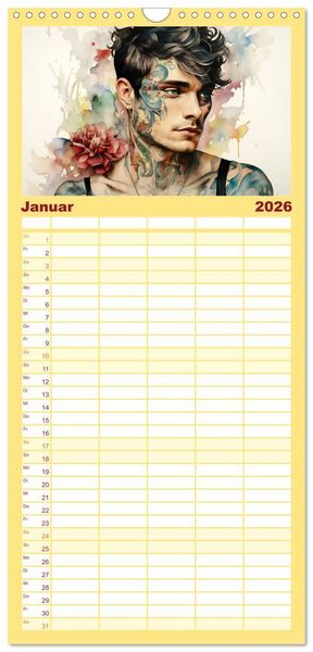 Produktbild: Familienplaner 2026 - Tattoo trifft Kunst mit 5 Spalten (Wandkalender, 21 x 45 cm) CALVENDO