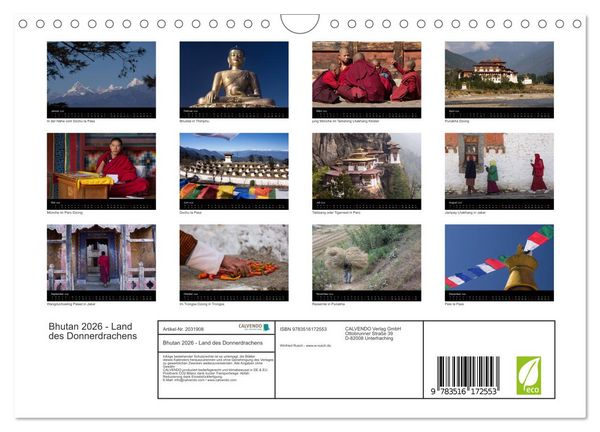 Produktbild: Bhutan 2026 - Land des Donnerdrachens (Wandkalender 2026 DIN A4 quer), CALVENDO Monatskalender