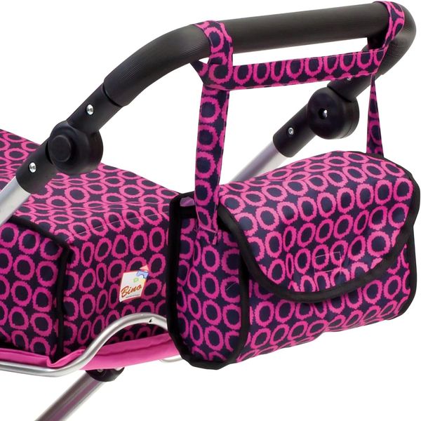Bino 82916 - Colin Puppenwagen mit Tasche, Hängetasche und Netz, zusammenklappbar, rosa/schwarz