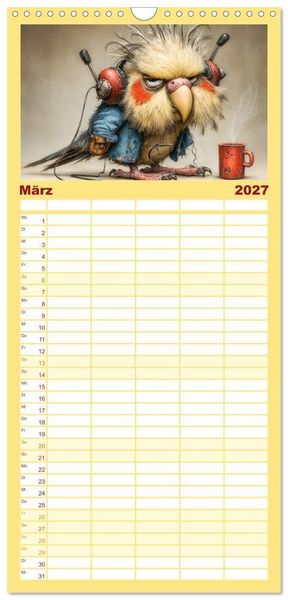 Produktbild: Familienplaner 2027 - Schr&auml;ge V&ouml;gel. Skurrile Portraits mit Charakter und Charme mit 5 Spalten (Wandkalender, 21 x 45 cm) CALVENDO