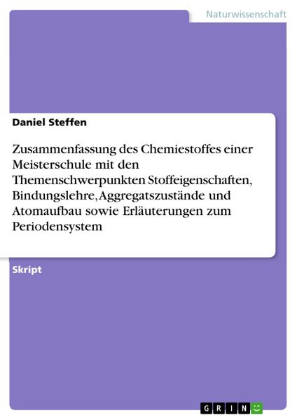 Produktbild: Zusammenfassung des Chemiestoffes einer Meisterschule mit den Themenschwerpunkten Stoffeigenschaften, Bindungslehre, Aggregatszust&auml;nde und Atomaufbau