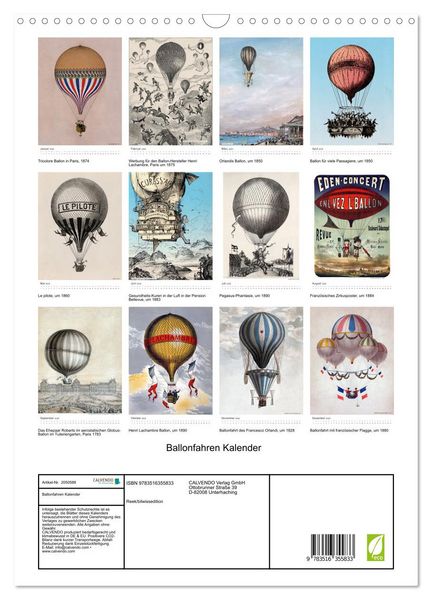 Produktbild: Ballonfahren Kalender (Wandkalender 2026 DIN A3 hoch), CALVENDO Monatskalender