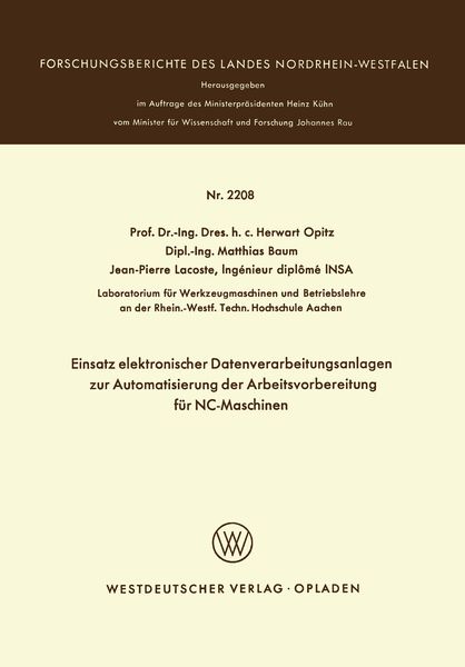 Produktbild: Einsatz elektronischer Datenverarbeitungsanlagen zur Automatisierung der Arbeitsvorbereitung f&uuml;r NC-Maschinen