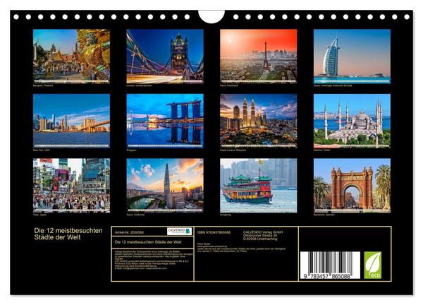 Produktbild: Die 12 meistbesuchten St&auml;dte der Welt (Wandkalender 2026 DIN A4 quer), CALVENDO Monatskalender