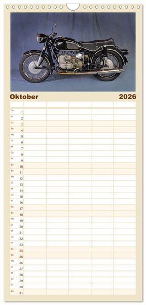 Produktbild: Familienplaner 2026 - Deutsche Motorrad - Legenden - Rollende Kunstwerke aus alten Zeiten mit 5 Spalten (Wandkalender, 21 x 45 cm) CALVENDO