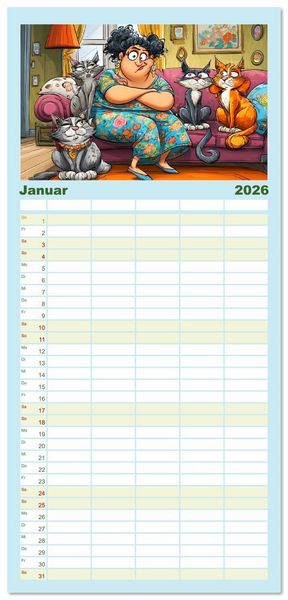 Produktbild: Familienplaner 2026 - Katzen und Frauen. Lustige Cartoons vom t&auml;glichen Chaos mit 5 Spalten (Wandkalender, 21 x 45 cm) CALVENDO