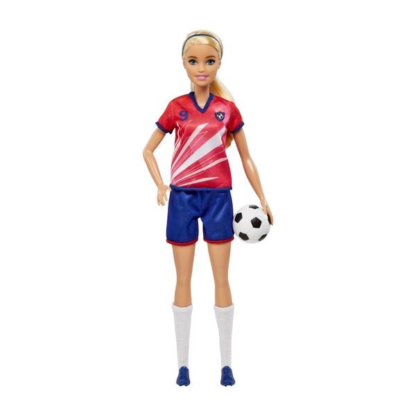 Barbie Fußballspielerin blond im roten Trikot