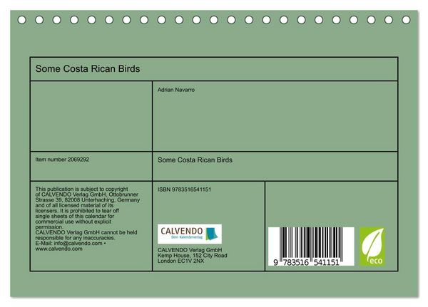 Produktbild: Some Costa Rican Birds (Desk Calendar 2026 DIN A5 landscape), CALVENDO 12 Month DeskCalendar