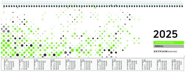 Tischquer-Kalender 2025 36,2x13,6 - 1W/2S grün/weisses Papier - verlängerte Rück