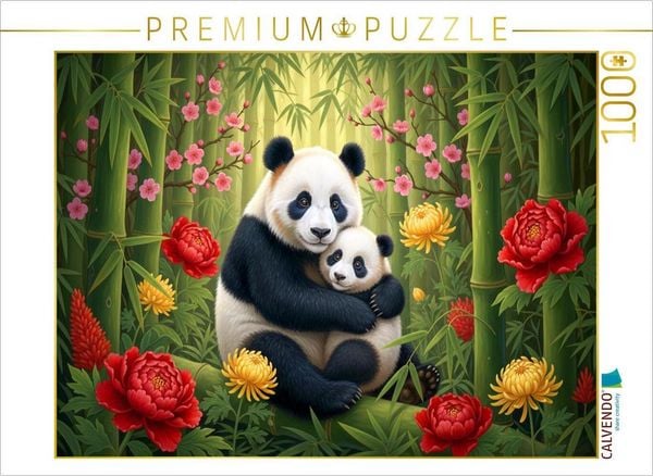 CALVENDO Puzzle Großer Panda - Mutter und Jungtier zwischen Blüten ihrer Heimat | 1000 Teile Lege-Größe 64x48cm Foto-Puzzle für glückliche Stunden