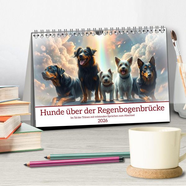 Produktbild: Hunde &uuml;ber der Regenbogenbr&uuml;cke (Tischkalender 2026 DIN A5 quer), CALVENDO Monatskalender