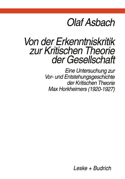 Produktbild: Von der Erkenntniskritik zur Kritischen Theorie der Gesellschaft