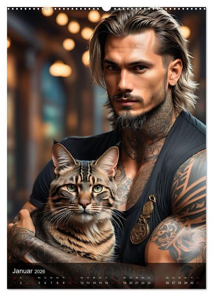Produktbild: Verschmuste Kerle - Muskeln, Tattoos und Miezekatzen (hochwertiger Premium Wandkalender 2026 DIN A2 hoch), Kunstdruck in Hochglanz