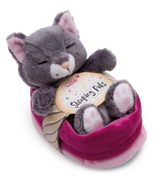 Kuscheltier Katze grau 12cm schlafend im Körbchen