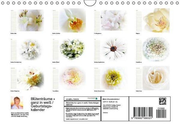 Produktbild: Bl&uuml;tentr&auml;ume - ganz in wei&szlig; / Geburtstagskalender (Wandkalender immerw&auml;hrend DIN A4 quer)