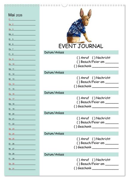 Produktbild: B-DAY PLANER - Aquarell Hunderassen - F&uuml;r Termine, Geschenke, Eventdetails & mehr (Wandkalender 2026 DIN A2 hoch), CALVENDO Monatskalender