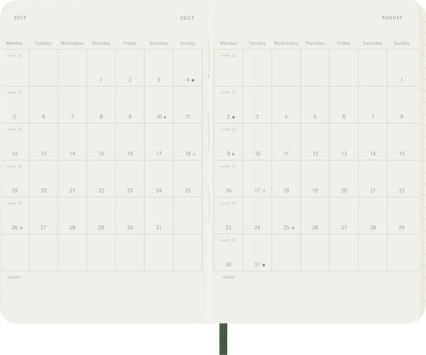 Produktbild: Moleskine 12 Monate Wochen Notizkalender 2027, Pocket/A6, 1 Wo = 1 Seite, rechts linierte Seite, Weicher Einband, Myrtengr&uuml;n