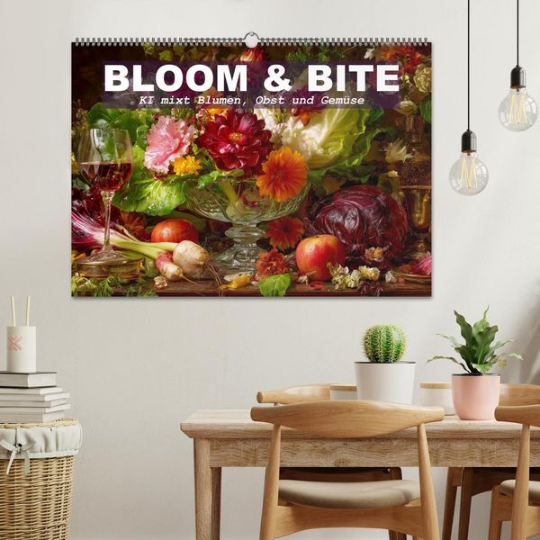 Produktbild: Bloom und Bite. KI mixt Blumen, Obst und Gem&uuml;se (Wandkalender 2026 DIN A2 quer), CALVENDO Monatskalender