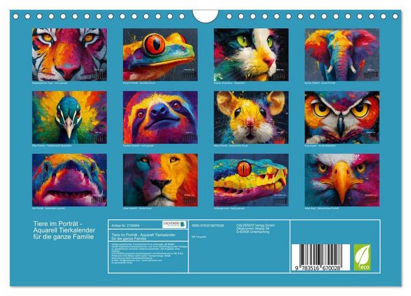 Produktbild: Tiere im Portr&auml;t - Aquarell Tierkalender f&uuml;r die ganze Familie (Wandkalender 2026 DIN A4 quer), CALVENDO Monatskalender